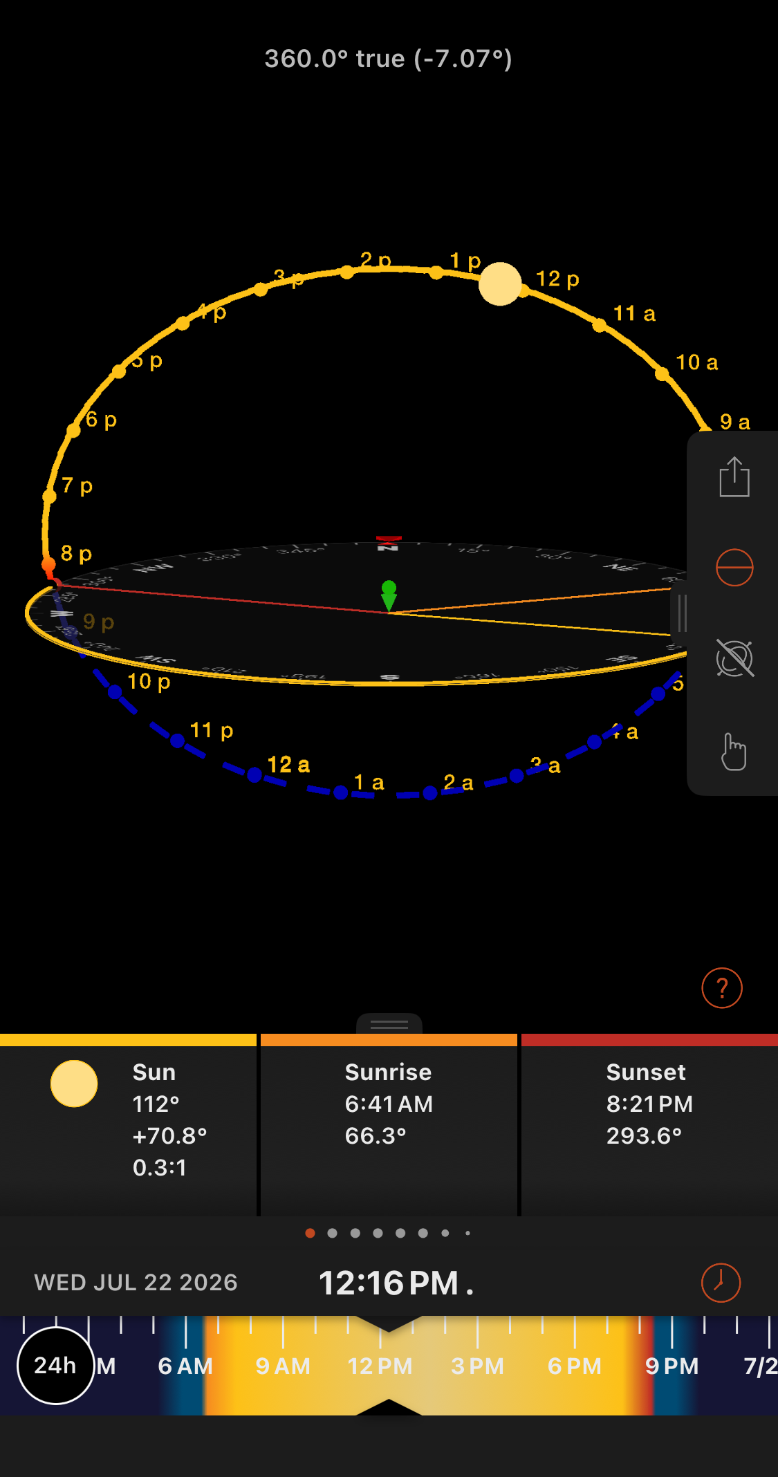 Sun Surveyor Lite showing the sun path, compass direction and solar elevation